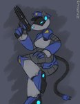 android anthro anus armor_plates armored_boots blue_body butt clothing female genitals grey_body gun hat headgear headwear hi_res holding_gun holding_object holding_ranged_weapon holding_weapon holographic_eyes j4ne_(sealer4258) joints living_machine machine nude nude_anthro nude_female police police_hat police_officer presenting presenting_hindquarters pussy raised_leg ranged_weapon robot robot_anthro screen screen_face sealer4258 simple_background solo tail tail_wire weapon