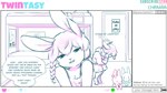 16:9 anthro aogami aria_(aogami) bed braided_hair brother_(lore) brother_and_sister_(lore) chirmaya clothing colored_by_shading colored_line_art dialogue door english_text female furniture hair hi_res hymn_(aogami) lagomorph leporid looking_at_viewer male mammal rabbit restricted_palette shaded shaded_line_art sibling_(lore) sister_(lore) streaming teal_line_art teal_text text twins_(lore) widescreen young young_anthro young_female young_male