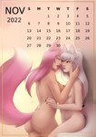 animal_humanoid blonde_hair border breast_squish breasts calendar calendar_graphic canid canid_humanoid canine canine_humanoid duo english_text female female/female hair hi_res hug humanoid inner_ear_fluff inside mammal mammal_humanoid navel november_(month) pink_hair pinup pose ranara shinyuu_(character) side_boob squish text tuft