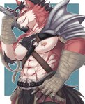 anthro bandage canid canine canis claws fur hi_res izm_rm7 lee_(zark) male mammal muscular muscular_anthro muscular_male mythological_canine mythological_creature mythology nipple_piercing nipples piercing red_body red_fur solo were werecanid werecanine werewolf white_body white_fur wolf