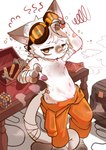 absurd_res anthro band-aid bandage clothed clothing dogeamyy_miru domestic_cat eyewear eyewear_on_head felid feline felis goggles goggles_on_head hi_res male mammal rubik's_cube solo tools topless