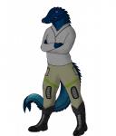 absurd_res anthro biped blue_body boots clothed clothing crocodile crocodilian crocodylid crossed_arms dulma footwear form full-length_portrait hi_res looking_at_viewer male portrait purple_eyes reptile scalie shoes simple_background solo standing thebes white_body