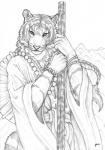 2011 anthro asian bracelet braided_hair felid graphite_(artwork) hair holding_object jewelry line_art looking_at_viewer male mammal monochrome pantherine pencil_(artwork) pigtails simple_background simul solo stick tiger traditional_media_(artwork) unavailable_at_source whiskers white_background