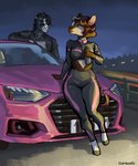 anthro audi biped car carduelis clothing duo equid equine female female_anthro female_focus front_view giraffid hi_res hooves horse male male_anthro mammal night okapi sportswear standing unguligrade vehicle wide_hips