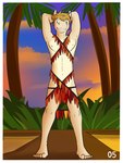 3:4 anthro arms_above_head equid equine fuze grass_skirt hi_res horse horse_frat_dude_(fuze) male mammal mostly_nude navel nipples palm_tree plant pose solo sunset tree