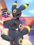 absurd_res anthro anthrofied areola ashraely balls big_areola big_breasts big_nipples black_body black_fur black_nipples blurred_background blush bodily_fluids breasts canid canine cute_fangs dialogue digital_media_(artwork) eeveelution english_text erection foreskin fur generation_2_pokemon genitals glistening glistening_body gynomorph hi_res huge_breasts humanoid_genitalia humanoid_penis intersex looking_at_viewer mammal navel nintendo nipples nude nude_anthro nude_gynomorph nude_intersex open_mouth outdoor_nudity outside partially_retracted_foreskin penis pokemon pokemon_(species) pokemorph public public_erection public_nudity red_sclera saggy_balls simple_background smile solo standing talking_to_viewer text thick_penis thick_thighs third-party_edit tongue umbreon vein veiny_penis wide_hips