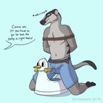 Rating: e
ID: 3526217
Date: 2022-08-24 19:25:22 -0400
Status: active
Score: 36
1:1 2022 anthro apex_(artist) arms_tied bdsm belt bladder bladder_bulge bladder_constriction bladder_inflation blue_background bondage bottomwear bound civet clothed clothing denim denim_bottomwear denim_clothing dialogue english_text hands_behind_back hi_res jeans kneeling male male_anthro mammal omorashi organs pants potty potty_chair shorts simple_background solo speech_bubble text topless urine_inflation viverrid post #3526217