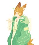 2023 ambiguous_gender anthro blep blush blush_lines bunonthemoon clothing domestic_cat felid feline felis fur green_clothing green_jacket green_topwear jacket looking_at_viewer mammal nose_blush orange_body orange_fur solo tongue tongue_out topwear white_body white_fur