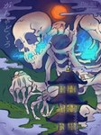 absurd_res animated_skeleton asian_mythology bangboodoragon bone cloud east_asian_mythology eyelashes eyes_closed female fire gashadokuro hi_res humanoid japanese_mythology macro moon mountain mythology night pagoda purple_background simple_background skeleton solo text undead yokai