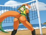 2020_tokyo_olympics agamid anthro athletic athletic_anthro athletic_female beach blush bottomwear camel_toe claws clothed clothing duskguard feet female flat_chested frilled_lizard green_clothing green_panties green_underwear hi_res legwear lizard lizzie_(paralympics_australia) looking_at_viewer looking_back mascot net olympics panties reptile royal_australian_mint sand scalie seaside solo sport sports_panties sports_uniform sportswear spread_legs spreading stockings third-party_edit underwear uniform unofficial_edit volleyball volleyball_net