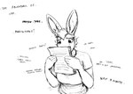 2023 anthro black_and_white dialogue english_text female hi_res hladilnik janice_(hladilnik) lagomorph leporid mammal monochrome rabbit reading sketch solo text