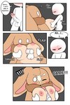 absurd_res anthro areola balls big_breasts big_penis blush bodily_fluids breast_play breasts comic cum cum_on_face dialogue disembodied_penis duo female genital_fluids genitals hi_res huge_breasts human lagomorph leporid male male/female mammal monster_bunny_(tonytoran) nipple_dip nipples penis rabbit sex titfuck tonytoran