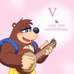 1:1 anthro backpack banjo-kazooie banjo_(banjo-kazooie) banjo_(instrument) bear bottomwear brown_bear clothing dialogue english_text hi_res jewelry male mammal musical_instrument necklace pants pink_background plucked_string_instrument rareware shirtless shirtless_male simple_background skelly_doll solo string_instrument text ursine