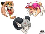 2023 2_horns ahegao anthro bared_teeth black_gem black_horn black_nose black_spots black_spotted_body black_spotted_fur blush bodily_fluids brown_body brown_fur cheetah clenched_teeth cougar countershade_face countershade_fur countershading cross-popping_vein curled_horn drooling elf eyes_closed felid feline female fur gem green_eyes grey_hair group hair headshot_portrait hi_res horn humanoid humanoid_pointy_ears laugh long_hair looking_pleasured male mammal markings multicolored_hair open_mouth pale_skin pink_hair pink_nose pointy_ears portrait red_blush red_tongue round_ears saliva sharp_teeth short_hair simple_background smile snout spots spotted_body spotted_fur teeth teeth_showing tickling tongue tongue_out trio two_tone_hair undeadsparrow white_background white_body white_fur white_hair yellow_body yellow_fur