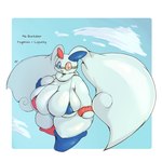 1:1 anthro big_breasts blue_body blue_eyes blue_fur breasts brown_eyes clothing cloud female fire fur generation_4_pokemon hi_res huge_breasts hybrid hybrid_pokemon lightmizano long_ears lopunny nintendo pokemon pokemon_(species) skindentation sky solo thick_thighs tight_clothing tight_topwear togekiss topwear white_body white_fur