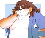 2023 anthro belly bernese_mountain_dog big_belly black_nose blush brown_body canid canine canis domestic_dog eyes_closed hi_res inunoshippo jinbei_(clothing) kemono male mammal molosser mountain_dog omusubi_inaho overweight overweight_male solo swiss_mountain_dog vtuber white_body