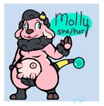 2019 anthro blue_eyes bovid bovine caprine character_name digital_media_(artwork) ear_piercing ear_ring female flaaffy freckles fur generation_2_pokemon gesture hooves horn hybrid lipstick looking_at_viewer makeup mammal miltank model_sheet molly_(porbol) nintendo nude piercing pink_body pokemon pokemon_(species) porbol ring_piercing sheep simple_background solo tail teats udders waving wool_(fur)