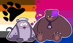 :3 anthro bear_pride_colors big_man_(splatoon) bisexual_pride_colors brown_body brown_fur chibi claws clothing duo f1dchaos fish fur grey_body hat headgear headwear hi_res lgbt_pride male male/male manta_ray marine mr._grizz necktie nintendo pawpads pride_color_background pride_colors ray_(fish) simple_background sitting splatoon stingray subculture_pride_colors