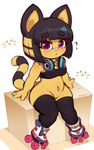 accessory animal_crossing ankh ankha_(animal_crossing) anthro band-aid bandage bell bell_collar black_clothing black_hair black_legwear black_thigh_highs blush bra choker clothing collar dark_hair digital_media_(artwork) electronics felid female female_anthro hair hair_accessory hair_tie headphones hi_res inline_skates jewelry legwear looking_at_viewer mammal markings mole_(marking) mostly_nude nauskills navel navel_pendant navel_piercing necklace nintendo piercing purple_eyes roller_skates rug short_stack simple_background sitting solo striped_markings striped_tail stripes tail tail_markings thick_thighs thigh_highs underwear yellow_body