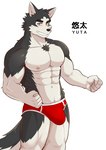 abs anthro briefs bulge canid canine canis clothing domestic_dog fur half_naked luwei_(artist) male mammal muscular muscular_arms muscular_male pecs red_briefs red_clothing red_underwear solo underwear yuta