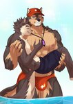 abs absurd_res anthro bottomwear bridal_carry brown_body brown_fur bulge canid canine canis carrying_another chuurow clothing cuddling dog_operator domestic_dog duo fur hat headgear headwear hi_res jewelry lifeguard lifewonders live_a_hero male male/male mammal muscular muscular_anthro muscular_male necklace nipples partially_submerged pecs protagonist_(live_a_hero) pubraseer romantic romantic_couple shorts speedo swimwear water