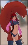 2024 absurd_res ami_(oonami) anthro black_body black_fur blue_eyes breasts brown_body brown_fur clothing ear_tuft eurasian_red_squirrel female fur hair hi_res hoodie legwear looking_at_viewer mammal midriff oonami paggi_outfit panties red_hair rodent sciurid skull_panties solo tan_body tan_fur thigh_highs topwear tree_squirrel tuft under_boob underwear