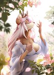 absurd_res accessory anthro antlers big_breasts breasts claws cleavage clothed clothing deer detailed_background dress eyes_closed female finger_claws flower flower_in_hair forest garden hair hair_accessory hi_res horn laffisa long_hair male mammal nature nature_background outside plant tree