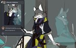 16:10 anthro canid canine canis domestic_dog duo female ghost hi_res male mammal melee_weapon omnipresentcrayon selfie shield spirit story story_in_description sword texting translucent translucent_body weapon widescreen wolf