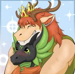 absurd_res anthro antlers athletic athletic_male blush chin_on_head close-up crown day dragon duo eyes_closed fangs gift glistening glistening_body glistening_scales grin headgear hi_res horn hug hugging_another hugging_from_behind kyukyu livenlove7 looking_at_another male mane medieval medieval_clothing muscular muscular_male mythological_creature mythological_scalie mythology prince prince_borgon royalty scales scalie size_difference smile teeth tender