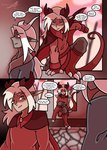 clawed_hands clothed clothing comic dialogue duo english_text gem hair hi_res horn horned_humanoid humanoid inside male monster_girl_(genre) open_mouth red_eyes red_gem shriekingmagpie simple_background sitting speech_bubble tail text white_hair