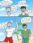 3:4 anthro beach bottomwear clothed clothing comic dialogue duo english_text fish fully_clothed fuze hi_res ian_dela_cruz male marine seaside shark shirt shorts t-shirt texnatsu text topwear