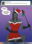 anthro anubian_jackal ask_blog big_breasts black_hair breasts canid canine canis christmas clothing conditional_dnp dialogue dialogue_box digital_media_(artwork) english_text female gloves green_eyes hair handwear hat headgear headwear holidays jackal kadath mammal mistletoe nightshade_(kadath) patreon patreon_logo patreon_username plant simple_background solo speech_bubble tail text tumblr url user_avatar website_logo