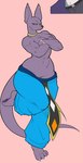 2023 anthro beerus big_breasts bottomwear breasts claws cleavage clothed clothing crossed_arms crossgender danonymous domestic_cat dragon_ball dragon_ball_super ear_piercing ear_ring egyptian egyptian_clothing felid feline felis female god_of_destruction gold_(metal) gold_jewelry hairless hairless_cat hi_res jewelry long_tail looking_at_viewer mammal mtf_crossgender muscular muscular_female necklace one_foot_up oversized_bottomwear oversized_clothing oversized_pants pants pawpads piercing pink_background purple_body ring_piercing simple_background solo sphynx_(cat) tail toe_claws topless topless_female wide_hips yellow_eyes