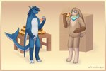 2024 3:2 anthro blue_body blue_eyes blue_fur blue_hair blue_horn brown_body brown_fur burger claws container dragon eyewear food fur furniture furred_dragon furred_scalie glasses hair hi_res horn kai_(arcticka) lagomorph leporid male mammal membrane_(anatomy) membranous_wings mythological_creature mythological_scalie mythology pizza pizza_box rabbit scalie shark_tail signature simple_background slightly_chubby standing table white-dragon white_body white_fur wings