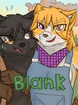 anthro bandanna black_body black_fur breasts canid canine canis chase_(lerasmel) clothing comic cover cover_art cover_page domestic_cat duo farmer felid feline felis female fur gloves handwear hi_res kerchief kreed_(lerasmel) lerasmel male mammal nervous nervous_smile nervous_sweat outside overalls shirtless smile smiling_at_another smiling_at_partner smiling_at_viewer sunset whiskers wolf yellow_body yellow_fur