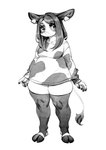 2020 anthro aruurara bovid bovine cattle chinese_zodiac clothing cloven_hooves cow_print_topwear ear_piercing ear_tag female hi_res holstein_friesian_cattle hoof_hands hooves kemono legwear long_ears long_sleeved_sweater looking_at_viewer mammal monochrome ox-chan_(aruurara) piercing slightly_chubby solo standing stockings year_of_the_ox