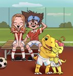 agumon bandai_namco bottomwear clothing digimon digimon_(species) female group hi_res hug human laugh male mammal mimi_tachikawa palmon shorts soccer sport sportswear taichi_kamiya uniform young