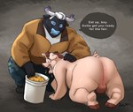 abe_celhog anthro balls bdsm bodily_fluids bovid bovine bucket butt cattle clothed clothed/nude clothing cloven_hooves container curled_tail dialogue domestic_pig drooling duo english_text farmer feeding feet food food_fetish food_play genitals hi_res hooved_plantigrade hooved_toes hooves horn izvy_(artist) male male/male mammal nachos nude overweight overweight_male petplay plantigrade roleplay saliva soles speech_bubble suid suina sus_(pig) tail text tongue tongue_out