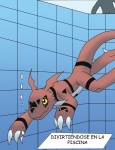 absurd_res anthro bandai_namco barefoot bubble claws digimon digimon_(species) digital_media_(artwork) duo feet grid guilmon head_wings hector21314 hi_res human inverted_zero_unit male mammal markings nude scalie silhouette solo_focus swimming swimming_pool symbol text text_box tile tile_wall translated underwater unusual_wing_placement wall_(structure) water wings yellow_eyes zero_unit