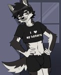 anthro black_body black_fur black_hair boxer_briefs canid canine canis cheek_tuft clothing crop_top domestic_dog facial_tuft fur hair half-closed_eyes hi_res husky male mammal multicolored_body multicolored_fur narrowed_eyes nordic_sled_dog nowi_(oolongmatchatea) sataenart shirt smile solo spitz topwear tuft two_tone_body two_tone_fur underwear white_body white_fur