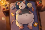 2024 3:2 absurd_res anthro bed bedroom belly big_belly biped clothing eyes_closed furniture hi_res lying male mammal mouse murid murine obese obese_male oliverkinter open_mouth overweight overweight_male rodent shirt solo topwear white_body