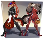 2024 absurd_res afghan_hound anthro bayonetta canid canine canis clothed clothing conditional_dnp cosplay costume domestic_dog duo elena_hound_(thaismotosuwa) female hair halloween halloween_bucket halloween_costume hane_w_maxwell_(hane) hi_res holidays hunting_dog jack-o'-lantern long_hair male male/female mammal platinumgames sighthound thaismotosuwa wolf