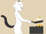 5_fingers anthro appliance black_nose black_tail blue_eyes breakfast cooking cookware domestic_cat felid feline felis fingers fried_egg frying_pan fur kitchen_utensils male mammal meko multicolored_body multicolored_fur simple_background solo stove tail tools white_body white_fur zafox_id