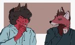 5:3 canid canine cigarette clothing dragon duo eyes_closed fox holly_(ortiz) horn human_hair jacket male male/male mammal mythological_creature mythological_scalie mythology red_body red_fox scalie smile topwear true_fox