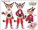 absurd_res anthro beezii bottomwear caracal caracal_(genus) clothing felid feline female fingerless_gloves food footwear gloves handwear hat headgear headwear hi_res hotpants jacket jackie_(beezii) legwear mammal model_sheet pizza roaring_spirits shorts socks solo thigh_highs thigh_socks topwear