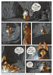 anthro black_hair blue_eyes breasts canid canine cave cave_in clothed clothing comic dialogue digital_media_(artwork) dipstick_tail english_text feet female fenavi_montaro fennec_fox feretta fingerless_(marking) fox fur hair herm_(lore) hi_res magic mammal markings mountain robe rock shaded sleeping solo tail tail_markings tale_of_tails text tired toeless_(marking) true_fox yellow_body yellow_fur