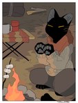 2022 ambiguous_gender anthro black_body campfire candy clothed clothing dessert domestic_cat eyes_closed felid feline felis fire food hi_res mammal marshmallow pawpads scarf solo urushi_(yorozumaru) whiskers yorozumaru