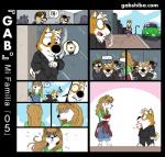 barefoot blonde_hair blue_bottomwear blue_clothing blue_eyes blue_pants blush book bottomwear brown_hair canid canine canis car cigarette clock clothing comic domestic_cat domestic_dog feet felid feline felis female gab_(comic) gabshiba gaby_shiba gao_shiba green_clothing green_shirt green_topwear hair heart_symbol male male/female mammal overalls pants pattern_clothing pattern_shirt pattern_topwear shiba_inu shirt smoking spitz striped_clothing striped_shirt striped_topwear stripes suit text topwear url vehicle watch yellow_sclera