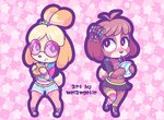 alternative_fashion animal_crossing anthro beverage blonde_hair blush blush_stickers bottomwear brother_(lore) brother_and_sister_(lore) brown_body brown_eyes brown_fur brown_hair burger canid canine canis checkered checkered_background chibi clothed clothing collar colorful_theme crossdressing digby_(animal_crossing) digital_drawing_(artwork) digital_media_(artwork) dipstick_tail domestic_dog drinking duo eating eyebrow_through_hair eyebrows eyewear fairy_kei female femboy fishnet_clothing fishnet_legwear food fraternal_twins freckles fur glasses hair hi_res hotpants isabelle_(animal_crossing) j-fashion jacket kemono legwear looking_up male mammal markings melangetic midriff multicolored_tail nintendo pattern_background pattern_clothing pattern_legwear pink_background ribbons shih_tzu shirt shorts sibling_(lore) simple_background sister_(lore) skirt stockings striped_clothing striped_legwear stripes sweater tail tail_markings teapot_(body_type) tied_hair topknot topwear toy_dog translucent translucent_hair twins_(lore) y2k_(graphic_design) yellow_body yellow_fur