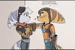 anthro blush breath cybernetic_arm cybernetic_limb duo ear_piercing ear_ring english_text eyewear eyewear_on_head female fur goggles goggles_on_head grey_body grey_fur lombax male male/female mammal markings piercing pink_nose ratchet_(ratchet_and_clank) ratchet_and_clank ring_piercing rivet_(ratchet_and_clank) sony_corporation sony_interactive_entertainment spanish_text striped_markings striped_tail stripes tail tail_markings text time_fluffy500 yellow_body yellow_fur